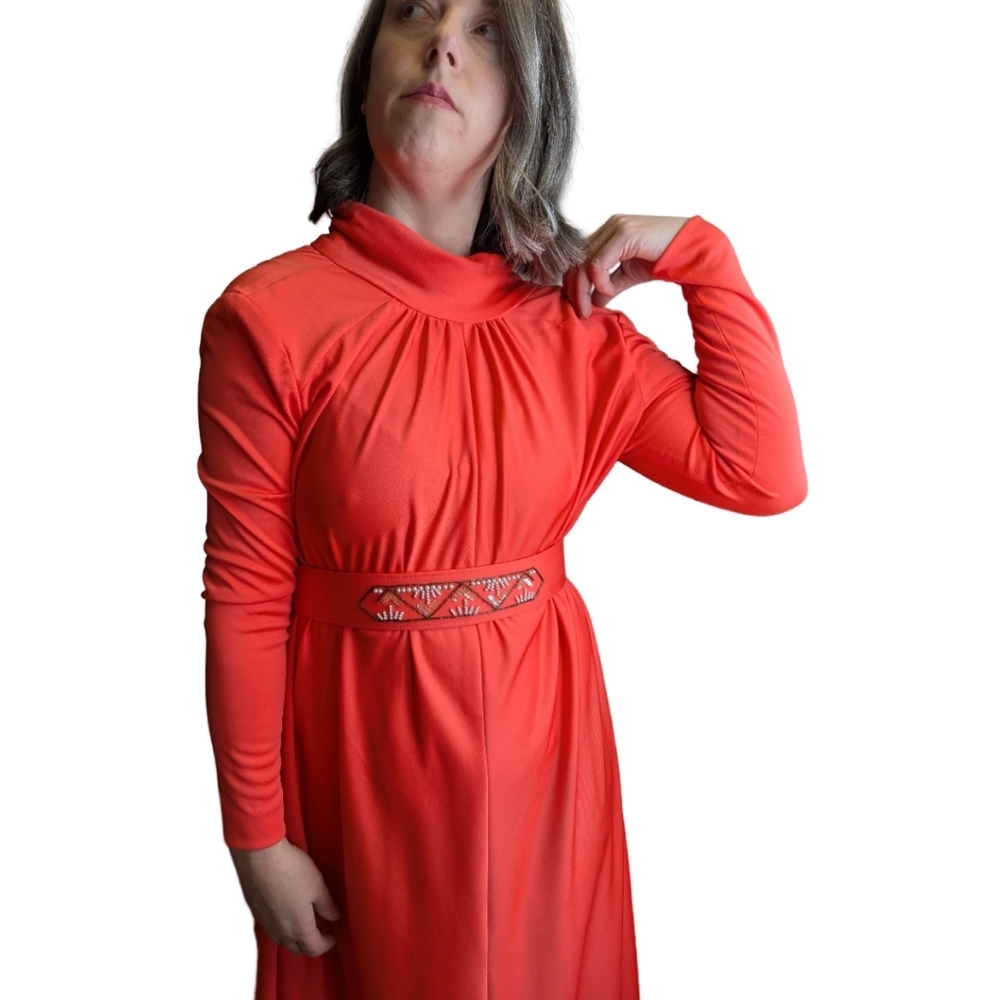 70s Coral Long Sleeve Maxi Belted Dress Size S/M